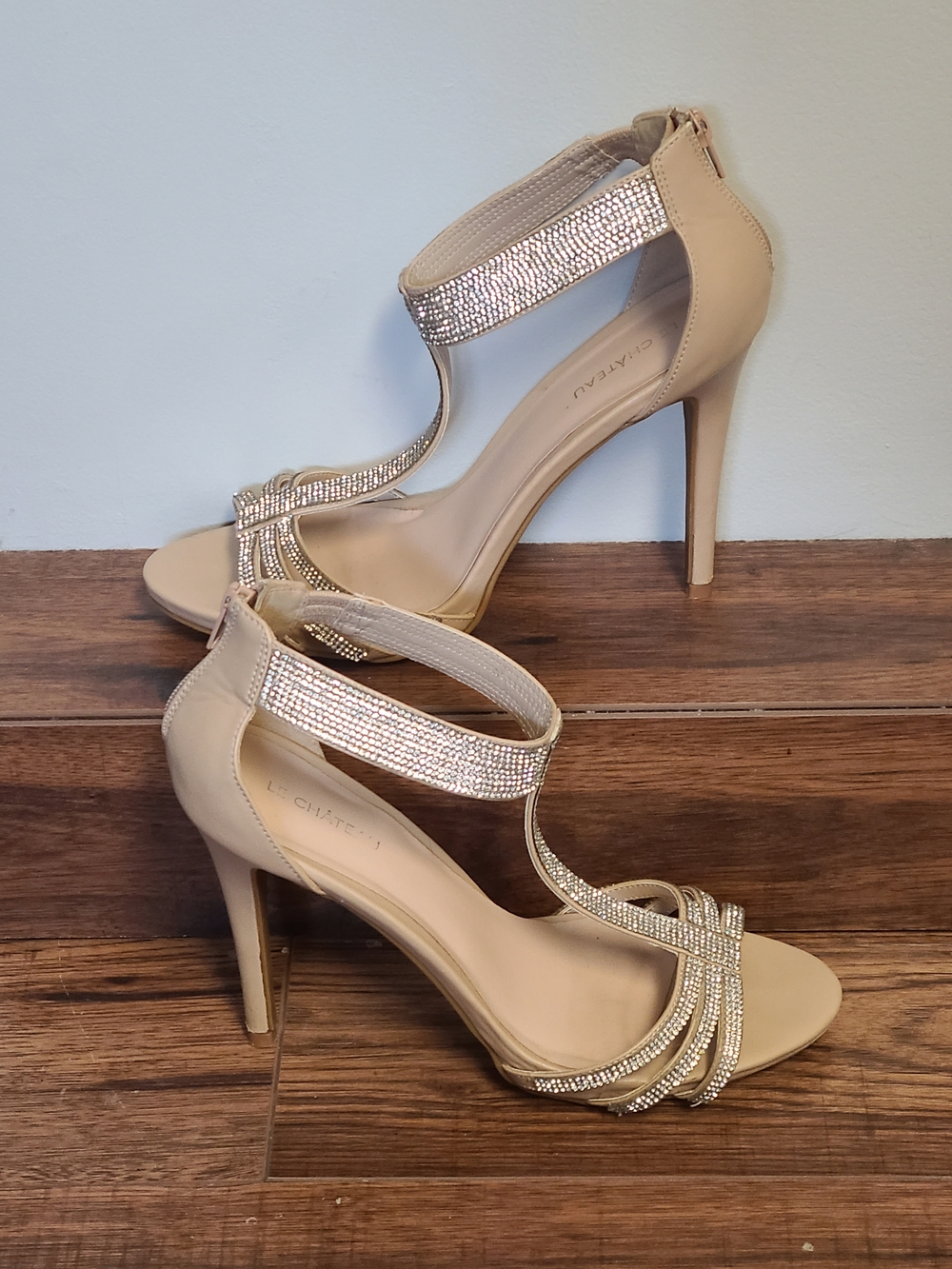 Le Chateau Beige Rhinestone Ankle-Strap High Heel Sandals